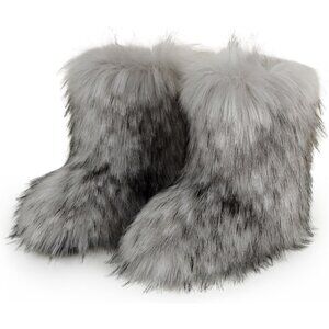 ⚡Women's Grey Faux Fur Warm Boot Furry Short Snow Boot Mid Calf Boots